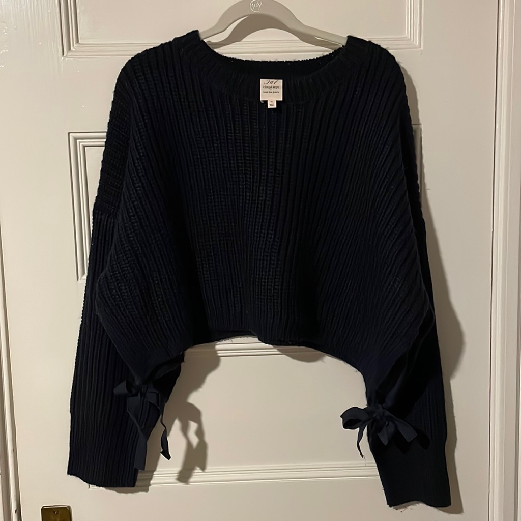 Chunky Navy Crop Sweater With Side Ties - Cinq A Sept - Size Xl